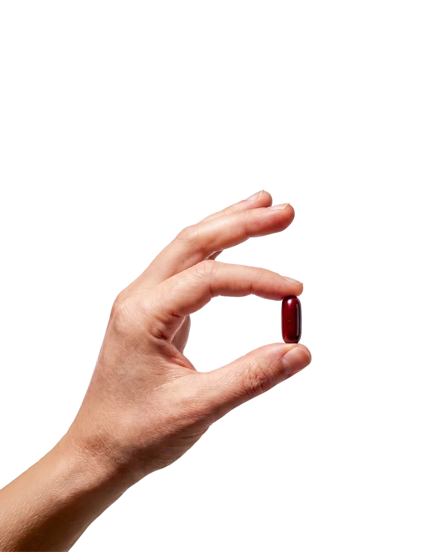 A hand holding a single Zephyrian softgel